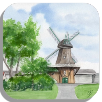 Untersetzer Glasuntersetzer 9,5 x 9,5 cm  Aquarell Maritim Kunst Druck Kunstdruck Nordsee Ostfriesland Greetsiel Mühle Mühlen Windmühle Windmühlen