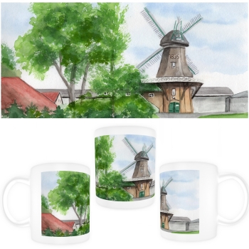 Tasse Becher Kaffeebecher  Aquarell Maritim Kunst Druck Kunstdruck Nordsee Ostfriesland Greetsiel Mühle Mühlen Windmühle Windmühlen