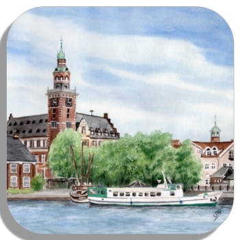 Untersetzer Glasuntersetzer 9,5 x 9,5 cm  Aquarell Maritim Kunst Druck Kunstdruck Nordsee Ostfriesland Rathaus Leer