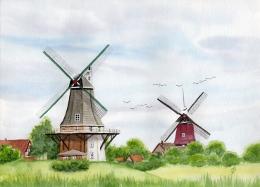 Folienmagnet Aquarell Maritim Kunst Druck Kunstdruck Nordsee Ostfriesland Greetsiel Mühle Mühlen Windmühle Windmühlen