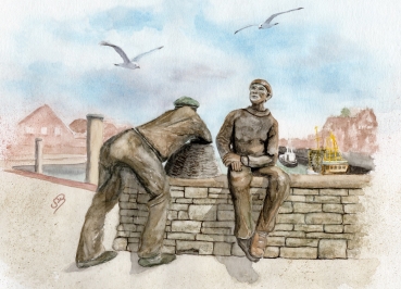 Postkarte DIN-A6 Aquarell Maritim Kunst Druck Kunstdruck Nordsee Ostfriesland Alt- und Jungfischer Neuharlingersiel