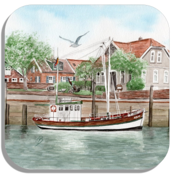 Untersetzer Glasuntersetzer 9,5 x 9,5 cm  Aquarell Maritim Kunst Druck Kunstdruck Nordsee Ostfriesland Fischerboot Neuharlingersiel OFL12