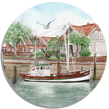 Untersetzer Glasuntersetzer rund 9,5 cm Aquarell Maritim Kunst Druck Kunstdruck Nordsee Ostfriesland Fischerboot Neuharlingersiel OFL12