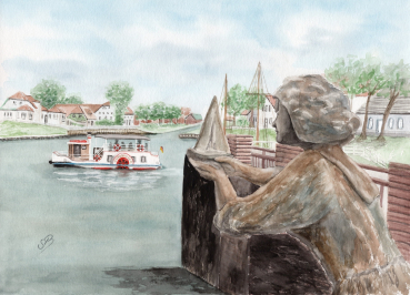 Postcard DIN-A6  Watercolor Maritime Art Print North Sea East Friesland Carolinensiel - Caroline with paddle steamer - OFL13