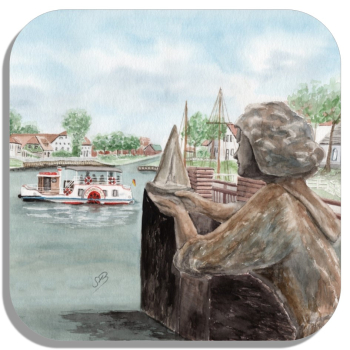 Coasters glass coasters 9,5 x  9,5 cm Watercolor Maritime Art Print North Sea East Friesland Carolinensiel - Caroline with paddle steamer - OFL13