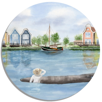 Untersetzer Glasuntersetzer rund 9,5 cm Aquarell Maritim Kunst Druck Kunstdruck Nordsee Ostfriesland Fischerboot Fischerhäuschen  Neuharlingersiel OFL14