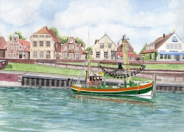 Folienmagnet Aquarell Maritim Kunst Druck Kunstdruck Nordsee Ostfriesland Greetsiel Hafen