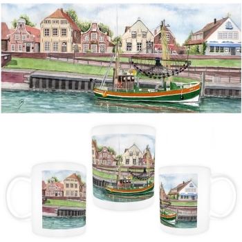 Tasse Becher Kaffeebecher  Aquarell Maritim Kunst Druck Kunstdruck Nordsee Ostfriesland Greetsiel Hafen