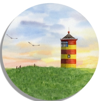Untersetzer Glasuntersetzer rund 9,5 cm Aquarell Maritim Kunst Druck Kunstdruck Nordsee Ostfriesland Greetsiel Pilsumer Leuchtturm Pilsum Schafe Deich
