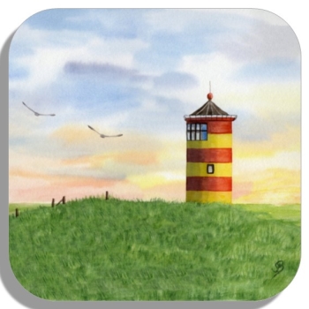 Untersetzer Glasuntersetzer 9,5 x 9,5 cm Aquarell Maritim Kunst Druck Kunstdruck Nordsee Ostfriesland Greetsiel Pilsumer Leuchtturm Pilsum Schafe Deich