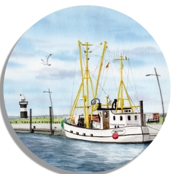 Untersetzer Glasuntersetzer rund 9,5 cm Aquarell Maritim Kunst Druck Kunstdruck Nordsee Cuxhaven Fischerboot Claudia Kutter Fischkutter weiß Meer Boot Wremen Wurster Nordseeküste