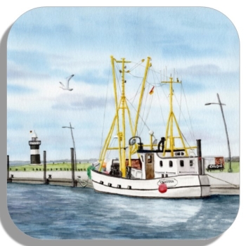 Untersetzer Glasuntersetzer 9,5 x 9,5 cm Aquarell Maritim Kunst Druck Kunstdruck Nordsee Cuxhaven Fischerboot Claudia Kutter Fischkutter weiß Meer Boot Wremen Wurster Nordseeküste