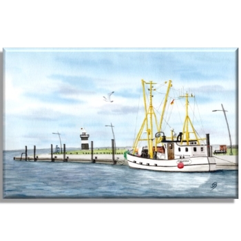 Leinwand 30 x 20 cm Keilrahmen Canvas-Leinen Aquarell Maritim Kunst Druck Kunstdruck Nordsee Cuxhaven Fischerboot Claudia Kutter Fischkutter weiß Meer Boot Wremen Wurster Nordseeküste