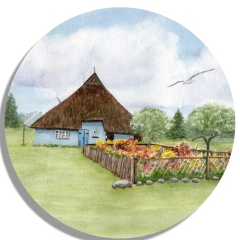 Untersetzer Glasuntersetzer rund 9,5 cm   Aquarell Maritim Kunst Druck Kunstdruck Ostsee Pfarrwitwenhaus Mönchgut Rügen