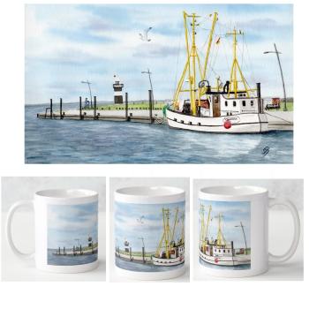 Tasse Becher Kaffeebecher  Aquarell Maritim Kunst Druck Kunstdruck Dänemark Nordsee Ostsee Fischerboot Kutter Fischkutter Krabbenkutter Claudia Kleiner Preuße Wremen  Meer Boot Möwen
