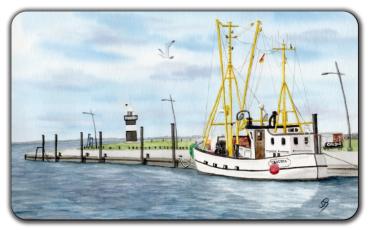 Frühstücksbrettchen Brettchen Aquarell Maritim Kunst Druck Kunstdruck Dänemark Nordsee Ostsee Fischerboot Kutter Fischkutter Krabbenkutter Claudia Kleiner Preuße Wremen  Meer Boot Möwen
