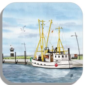 Untersetzer Glasuntersetzer 9,5 x 9,5 cm Aquarell Maritim Kunst Druck Kunstdruck Dänemark Nordsee Ostsee Fischerboot Kutter Fischkutter Krabbenkutter Claudia Kleiner Preuße Wremen  Meer Boot Möwen