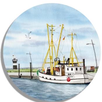 Untersetzer Glasuntersetzer rund 9,5 cm  Aquarell Maritim Kunst Druck Kunstdruck Dänemark Nordsee Ostsee Fischerboot Kutter Fischkutter Krabbenkutter Claudia Kleiner Preuße Wremen  Meer Boot Möwen