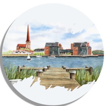 Untersetzer Glasuntersetzer rund 9,5 cm   Aquarell Maritim Kunst Druck Kunstdruck Ostsee Rostock vom Flußufer Warnow RO1