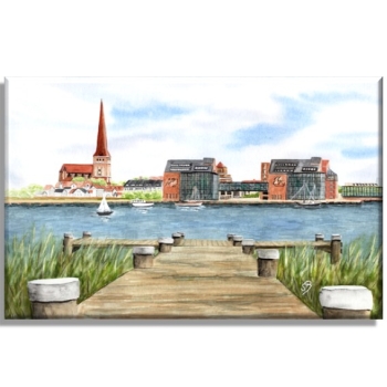 Leinwand 30 x 20 cm Keilrahmen Canvas-Leinen Aquarell Maritim Kunst Druck Kunstdruck Ostsee Rostock vom Flußufer Warnow RO1
