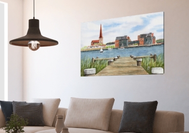 Leinwand 30 x 20 cm Keilrahmen Canvas-Leinen Aquarell Maritim Kunst Druck Kunstdruck Ostsee Rostock vom Flußufer Warnow RO1