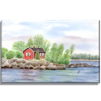 Leinwand 30 x 20 cm Keilrahmen Canvas-Leinen Aquarell Kunst Druck Kunstdruck Schweden Sweden Sverige Schären Haus Inseln See