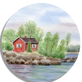 Untersetzer Glasuntersetzer rund 9,5 cm Aquarell Kunst Druck Kunstdruck Schweden Sweden Sverige Schären Haus Inseln See