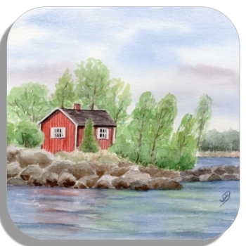 Untersetzer Glasuntersetzer 9,5 x 9,5 cm Aquarell Kunst Druck Kunstdruck Schweden Sweden Sverige Schären Haus Inseln See