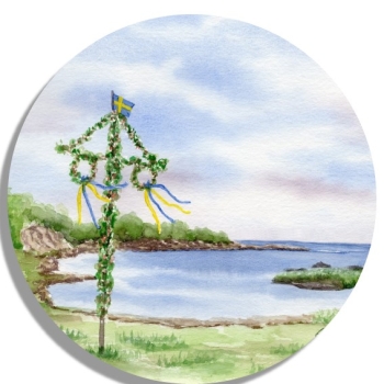 Untersetzer Glasuntersetzer rund 9,5 cm  Folienmagnet Aquarell Kunst Druck Kunstdruck Schweden Sweden Sverige Mittsommer Mittsommerfest Midsommar