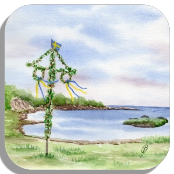 Untersetzer Glasuntersetzer 9,5 x 9,5 cm Folienmagnet Aquarell Kunst Druck Kunstdruck Schweden Sweden Sverige Mittsommer Mittsommerfest Midsommar