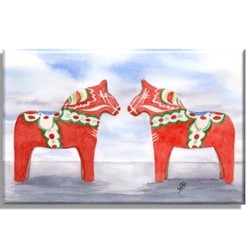 Leinwand 30 x 20 cm Keilrahmen Canvas-Leinen Aquarell Kunst Druck Kunstdruck Schweden Sweden Sverige Dalahästar Dalarna Pferde Dalapferd rot