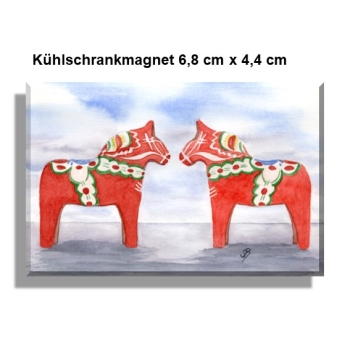 Kühlschrankmagnet  Aquarell Kunst Druck Kunstdruck Schweden Sweden Sverige Dalahästar Dalarna Pferde Dalapferd rot