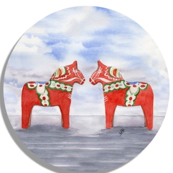 Untersetzer Glasuntersetzer rund 9,5 cm Aquarell Kunst Druck Kunstdruck Schweden Sweden Sverige Dalahästar Dalarna Pferde Dalapferd rot