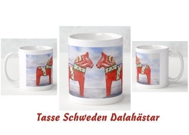 Tasse Becher Kaffeebecher Aquarell Kunst Druck Kunstdruck Schweden Sweden Sverige Dalahästar Dalarna Pferde Dalapferd rot