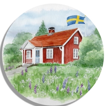 Untersetzer Glasuntersetzer rund 9,5 cm Aquarell Kunst Druck Kunstdruck Schweden Sweden Sverige Schären Haus Inseln See