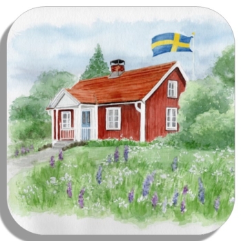 Untersetzer Glasuntersetzer 9,5 x 9,5 cm Aquarell Kunst Druck Kunstdruck Schweden Sweden Sverige Schären Haus Inseln See
