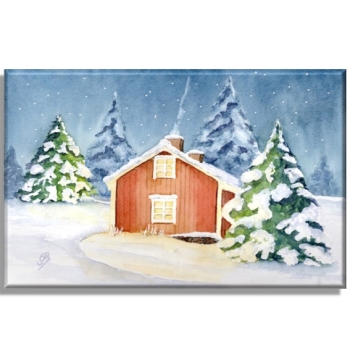 Leinwand 30 x 20 cm Keilrahmen Canvas-Leinen Aquarell Kunst Druck Kunstdruck Schweden Sweden Sverige Haus im Winter Winterhaus Schnee Wald