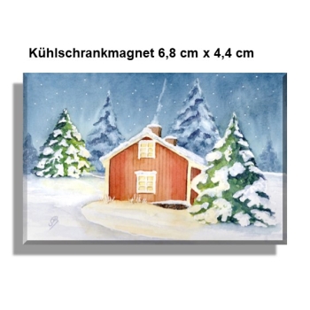 Kühlschrankmagnet  Aquarell Kunst Druck Kunstdruck Schweden Sweden Sverige Haus im Winter Winterhaus Schnee Wald
