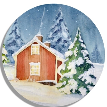 Untersetzer Glasuntersetzer rund 9,5 cm Aquarell Kunst Druck Kunstdruck Schweden Sweden Sverige Haus im Winter Winterhaus Schnee Wald