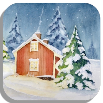 Untersetzer Glasuntersetzer 9,5 x 9,5 cm Aquarell Kunst Druck Kunstdruck Schweden Sweden Sverige Haus im Winter Winterhaus Schnee Wald
