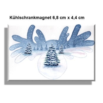Kühlschrankmagnet  Aquarell Kunst Druck Kunstdruck Schweden Sweden Sverige Elch Winterelch Winter Schnee