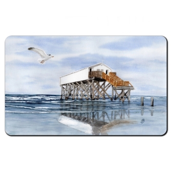 Frühstücksbrettchen Brettchen  Aquarell Maritim Kunst Druck Kunstdruck Nordsee St. Peter Ording SPO Westerhever Pfahlbau Pfahlbauten  Meer Strand