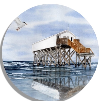 Untersetzer Glasuntersetzer rund 9,5 cm  Aquarell Maritim Kunst Druck Kunstdruck Nordsee St. Peter Ording SPO Westerhever Pfahlbau Pfahlbauten Meer Strand