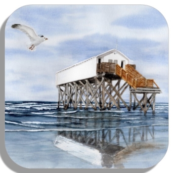 Untersetzer Glasuntersetzer 9,5 x 9,5 cm Aquarell Maritim Kunst Druck Kunstdruck Nordsee St. Peter Ording SPO Westerhever Pfahlbau Pfahlbauten Meer Strand