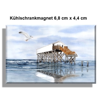 Kühlschrankmagnet   Aquarell Maritim Kunst Druck Kunstdruck Nordsee St. Peter Ording SPO Westerhever Pfahlbau Pfahlbauten Meer Strand