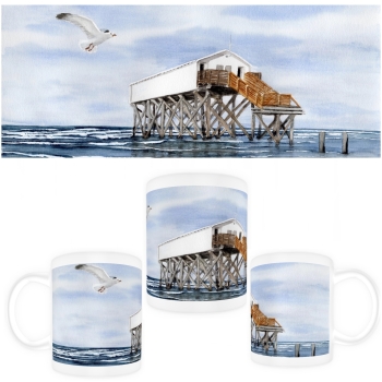 Tasse Becher Kaffeebecher Aquarell Maritim Kunst Druck Kunstdruck Nordsee St. Peter Ording SPO Westerhever Pfahlbau Pfahlbauten Meer Strand