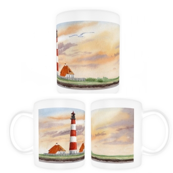 Tasse Becher Kaffeebecher Aquarell Maritim Kunst Druck Kunstdruck Nordsee St. Peter Ording SPO Westerhever Leuchtturm Meer Strand
