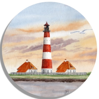 Untersetzer Glasuntersetzer rund 9,5 cm  Aquarell Maritim Kunst Druck Kunstdruck Nordsee St. Peter Ording SPO Westerhever Leuchtturm  Meer Strand