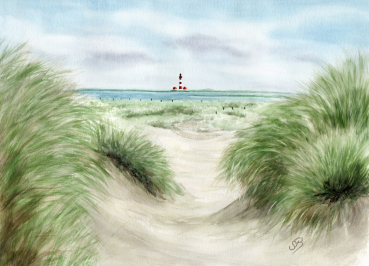 Postcard DIN-A6 Watercolor Maritime Art Print North Sea St. Peter Ording SPO Westerhever Lighthouse Ocean Beach