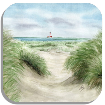 Coasters glass coasters 9,5 x  9,5 cm Watercolor Maritime Art Print North Sea St. Peter Ording SPO Westerhever Lighthouse Ocean Beach